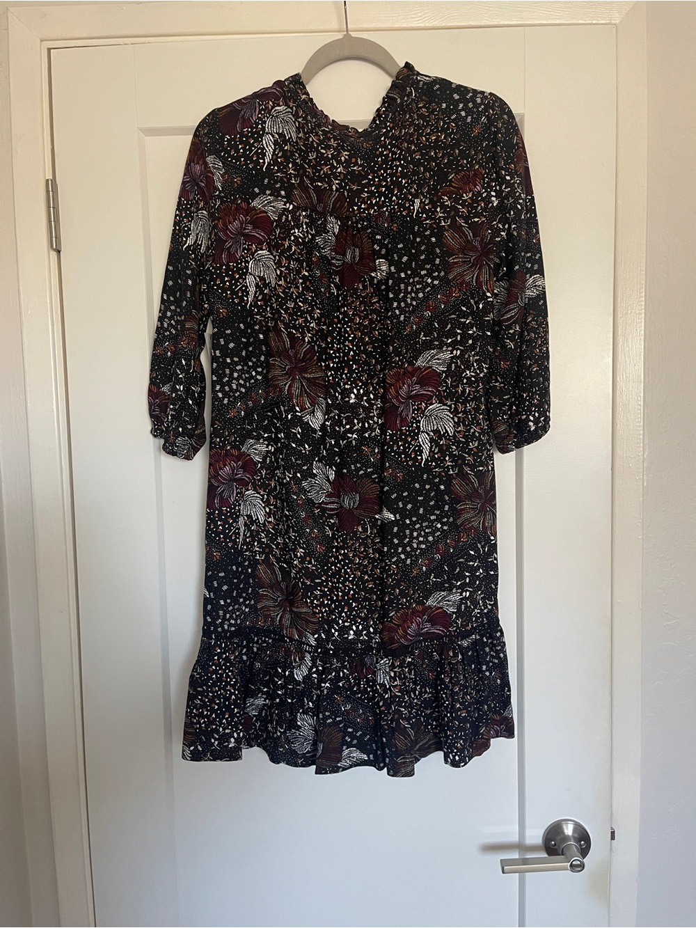 Tribal Black Floral‎ Long Sleeve Ruffle-Hem Dress